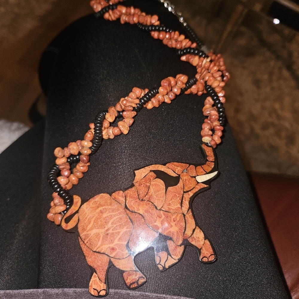 Lee Sands Vintage Coral Inlay Elephant Pendant Necklace with Beaded Design